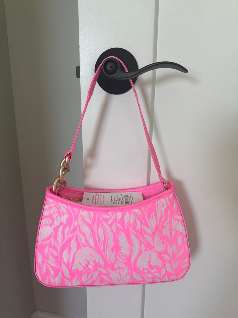 Lilly Pulitzer Neon Pink Floral Shoulder Bag with Gold Chain Accent